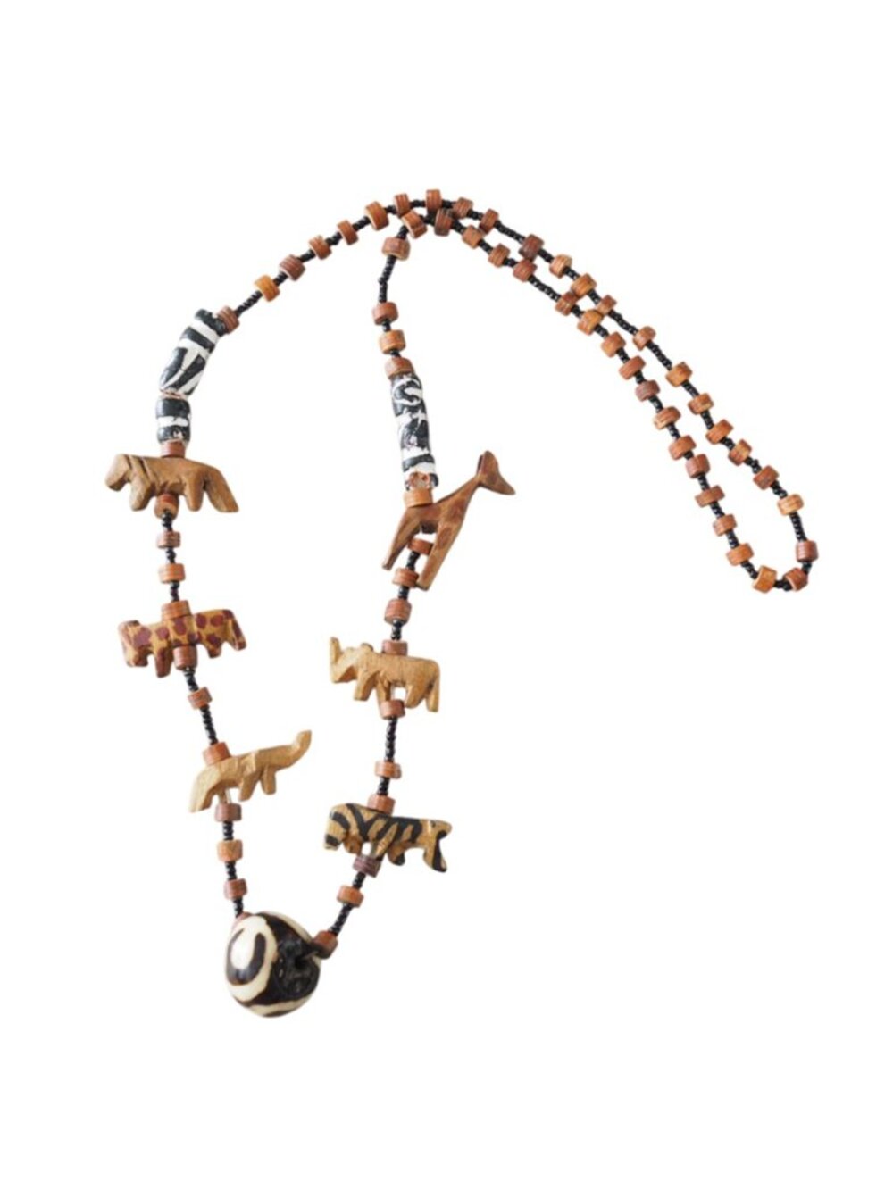 Hand-Carved Animal Bead Necklace Safari Wildlife Theme Giraffes Zebra Rhino